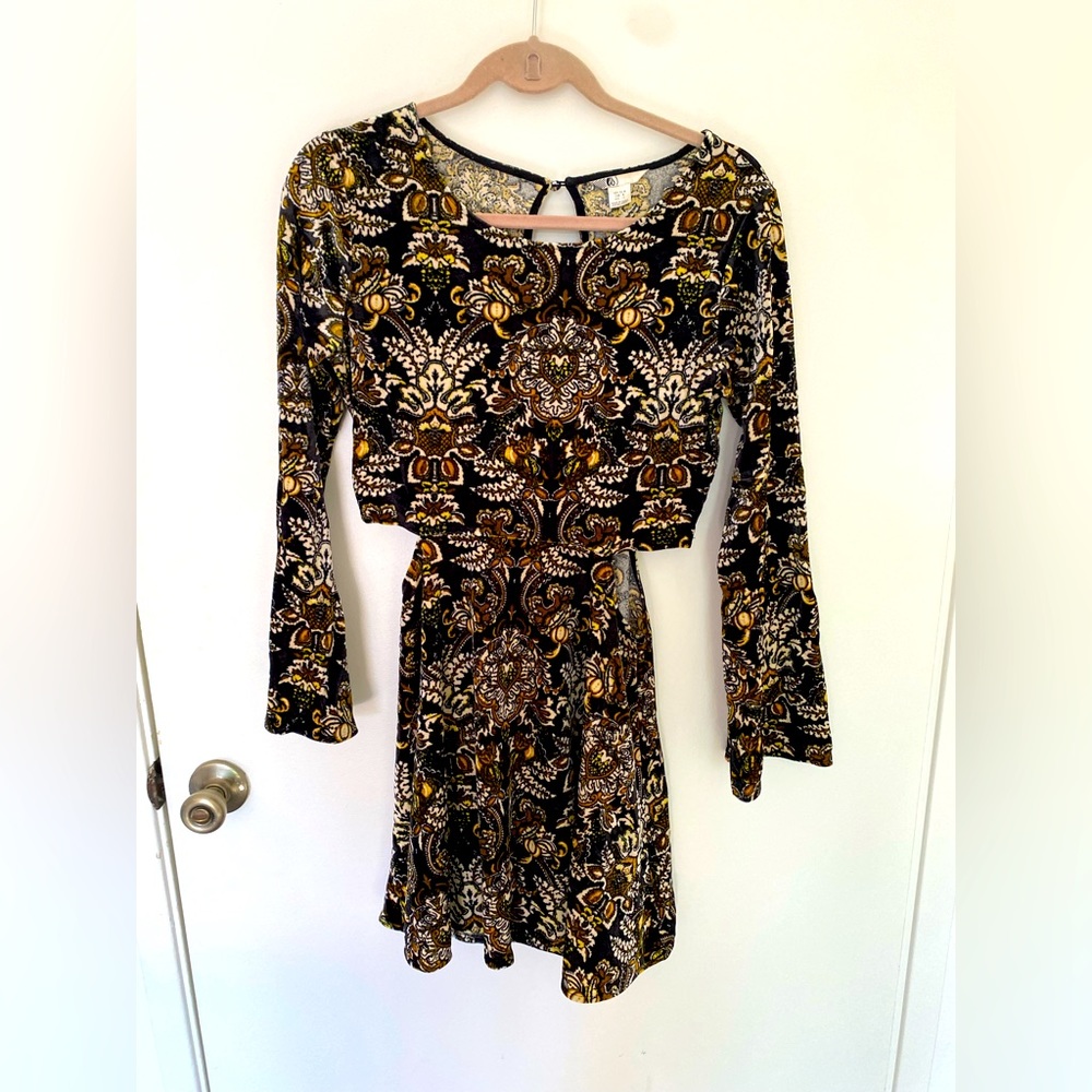 Black, White, Yellow pattern velvet mini dress with rib cage cut outs
